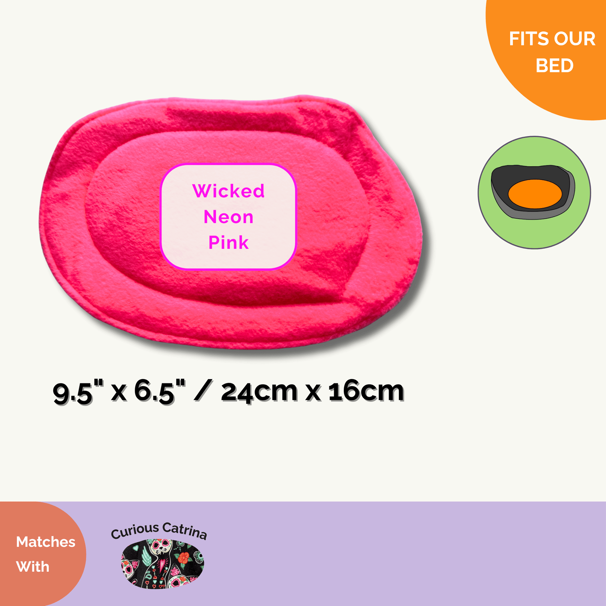 A radiant neon pink oval pee pad, shimmering with gothic-glam flair and measuring 9.5” x 6.5” (24cm x 16cm), glows against a moonlit-white background. Bold, colorful labels twirl around the pad, accented with whimsical icons—perhaps a crescent moon or playful skull—inviting your beloved guinea pig or tiny familiar to lounge in cozy, spooky-cute style. Text reads “Curious Catrina Matching Pee Pads | Take the stress out of daily cleaning,” casting daily chores under a bewitching charm.