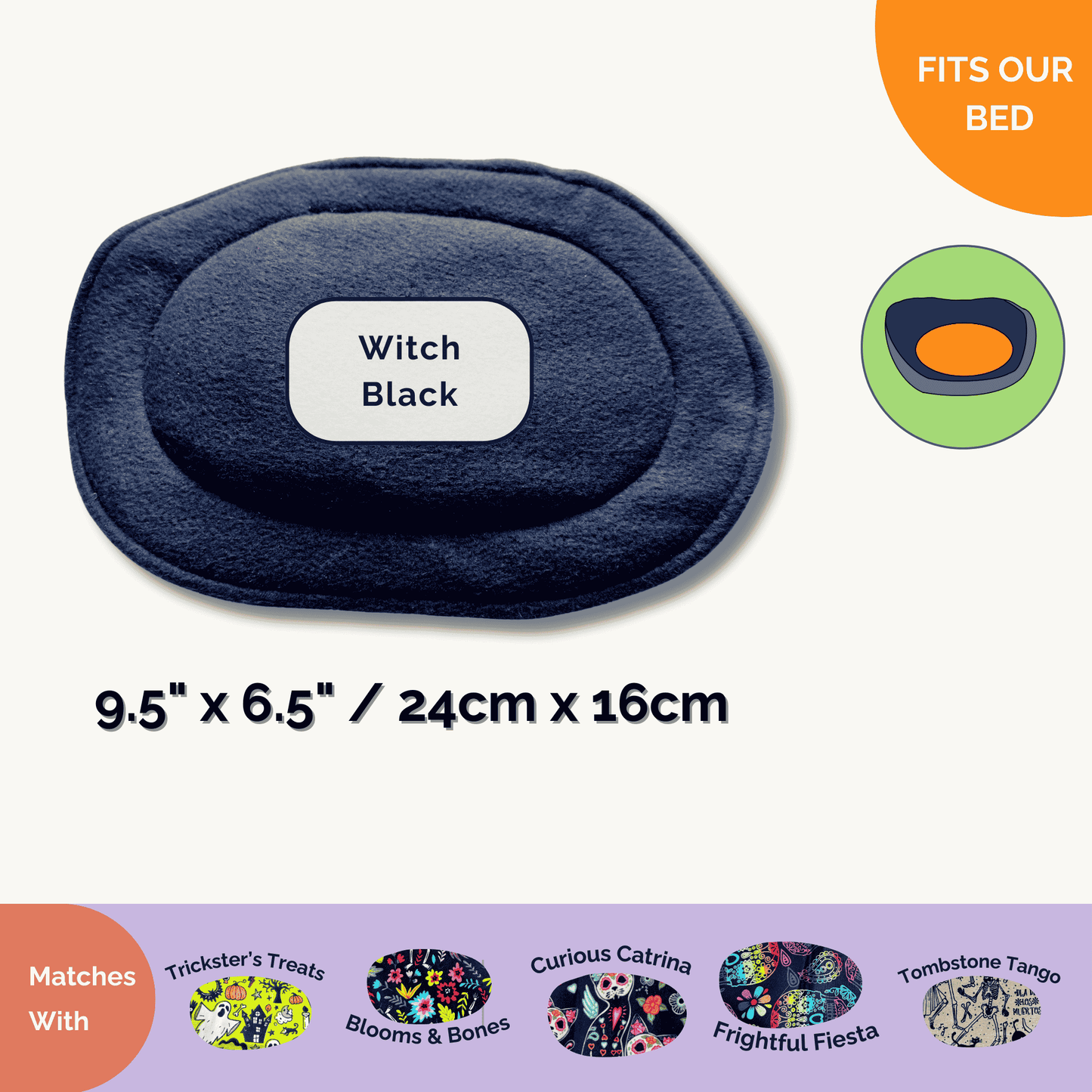 Bewitching Witch Black pee pads (9.5x6.5 in) for guinea pigs—perfectly spooky layers! Diagram below shows matching gothic beds.