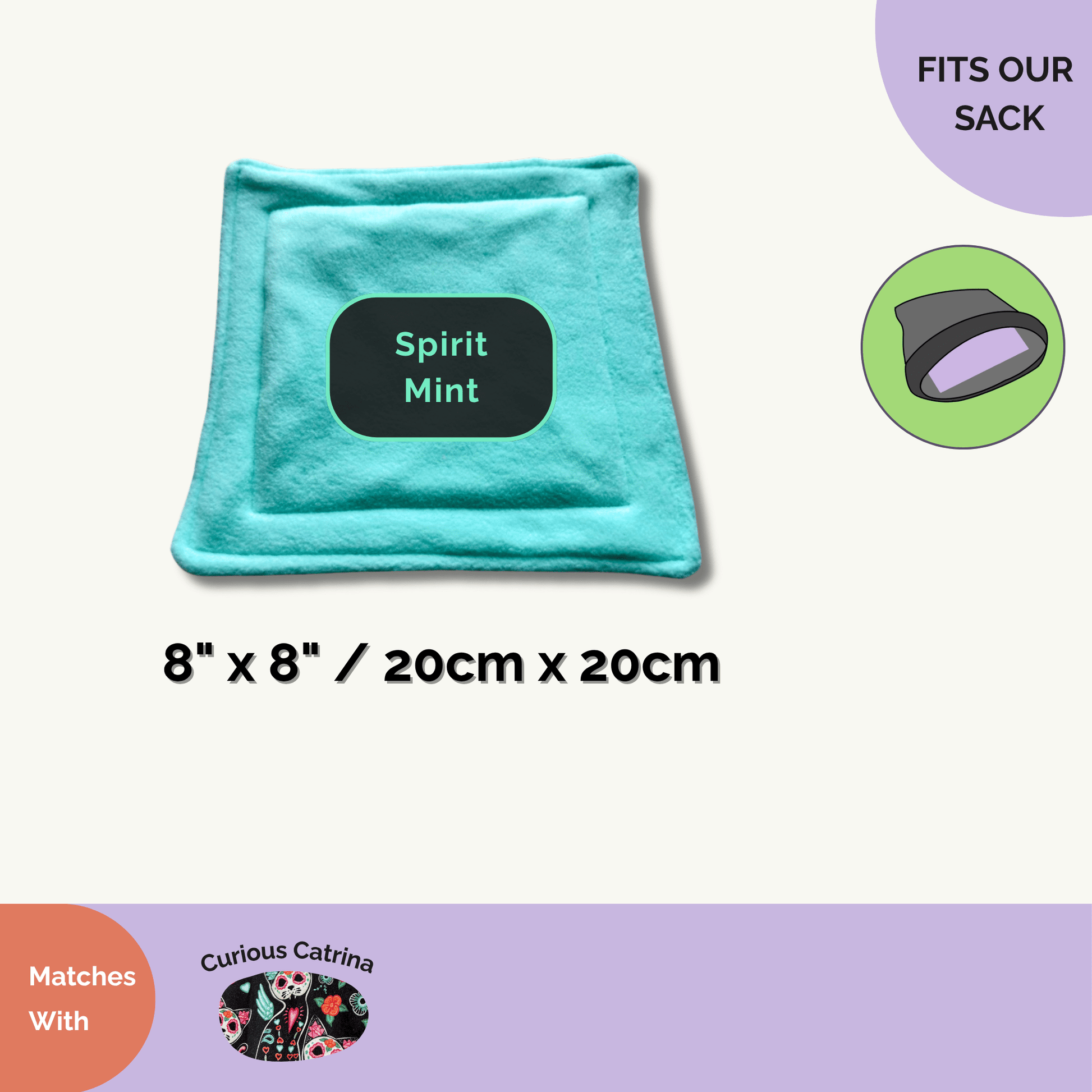 The Curious Catrina Matching Pee Pad (Spirit Mint, 20x20cm) is a bewitching aqua blue square with gothic-glam flair, perfect for your small pet’s lair. Each pad shimmers with whimsical corner icons—tiny cat skulls and moonlit stars—inviting midnight mischief and sweet dreams. Crafted to fit snuggly inside sack beds or coordinate with our other Curious Catrina bedding. Enchantingly odour-resistant and machine washable for spellbindingly easy cleanups!.