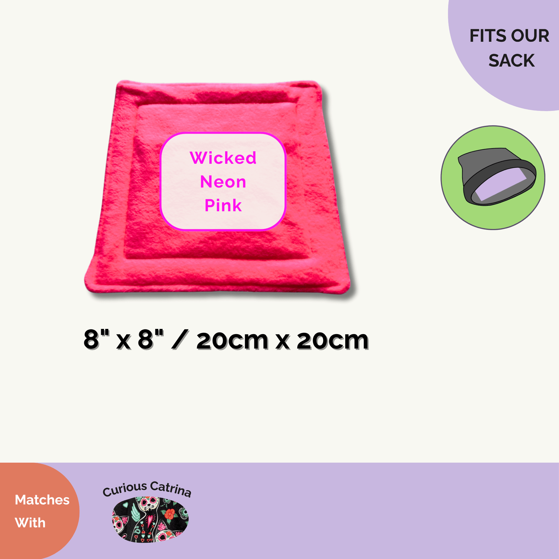 Enchant your small pet’s lair with our square Curious Catrina Matching Pee Pad in vivid, bewitching pink—measuring a snug 8x8 inches (20cm x 20cm). The pad sits like a plush velvet jewel on a pale backdrop, surrounded by gothic-inspired lettering and whimsical illustrations highlighting its perfectly petite size and easy-clean magic for your pampered familiars.