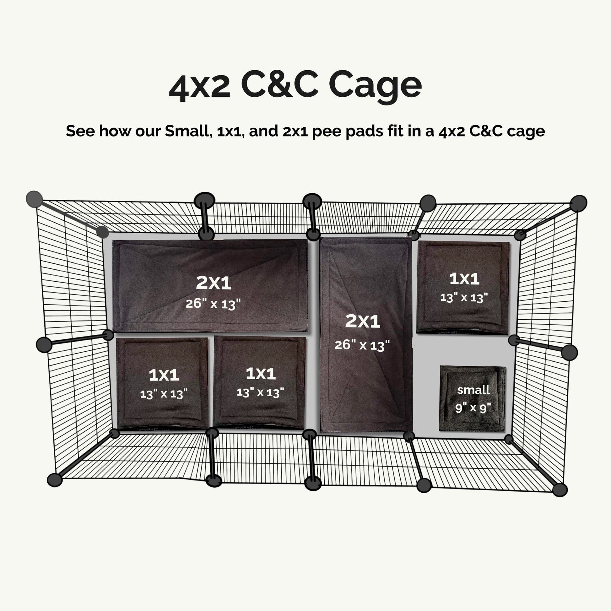 Enchanting aerial view of a 4x2 C&C castle lair for guinea pigs, beds swathed in midnight-black modular fleece liners and plush pee pads. Arranged like puzzle pieces: two luxurious 2x1 thrones (26x13), two charming square nooks (1x1, 13x13), and one petite pad (9x9)—each crowned with gothic-chic labels showing their mystical dimensions. Perfectly tailored for your tiny familiars to scamper, snooze, or plot adorable mischief.