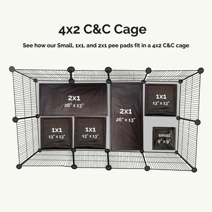 Enchanting aerial view of a 4x2 C&C castle lair for guinea pigs, beds swathed in midnight-black modular fleece liners and plush pee pads. Arranged like puzzle pieces: two luxurious 2x1 thrones (26x13), two charming square nooks (1x1, 13x13), and one petite pad (9x9)—each crowned with gothic-chic labels showing their mystical dimensions. Perfectly tailored for your tiny familiars to scamper, snooze, or plot adorable mischief.