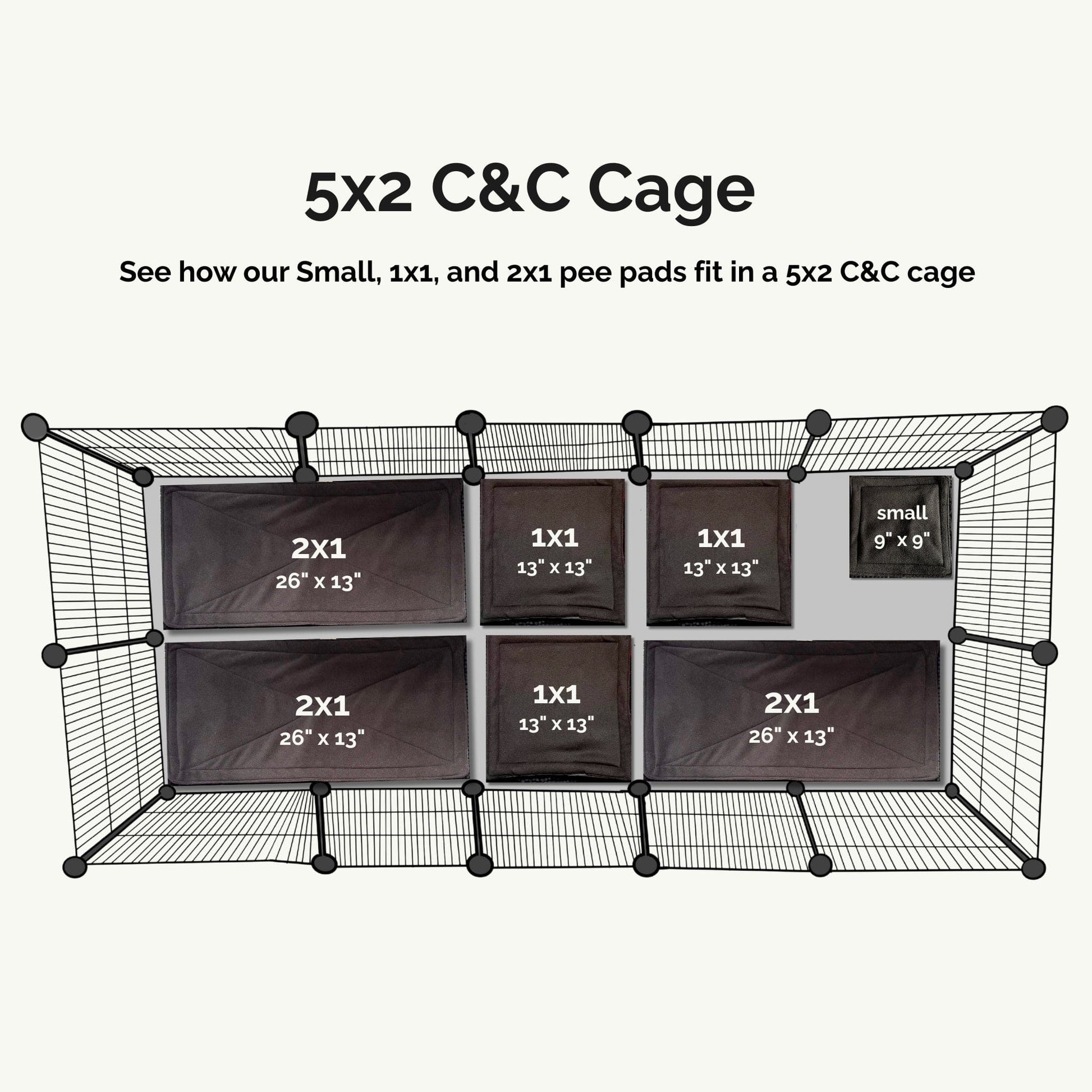 A moonlit view of a splendid 5x2 C&C cage, dressed in gothic-glamour: midnight-black fleece liners tailored for the most enchanting little familiars. The set features three sleek 2x1 pads, four perfectly petite 1x1 pads, and one tiny accent pad—all charmed with silver-white labels spelling out their sizes and dimensions like secret runes. Bewitchingly plush and ready to cradle your guinea pig or small beastie in snuggly, washable comfort—every piece feels conjured just for them!.