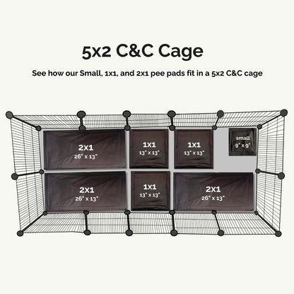 A moonlit view of a splendid 5x2 C&C cage, dressed in gothic-glamour: midnight-black fleece liners tailored for the most enchanting little familiars. The set features three sleek 2x1 pads, four perfectly petite 1x1 pads, and one tiny accent pad—all charmed with silver-white labels spelling out their sizes and dimensions like secret runes. Bewitchingly plush and ready to cradle your guinea pig or small beastie in snuggly, washable comfort—every piece feels conjured just for them!.