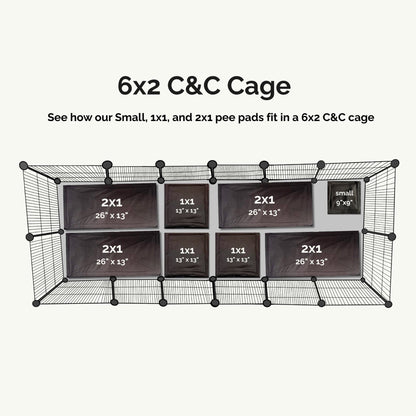 Bewitching birds-eye view of a 6x2 C&C cage, draped in plush modular fleece liners and petite pee pads. Each cozy layer—main liners swirling with gothic flair and pint-sized pads for secret spills—is artfully labeled to conjure up enchanting pad arrangements atop a shadowy waterproof base. A hauntingly helpful guide for guinea pig keepers dreaming of both glamour and tidiness in their little familiars’ lair.