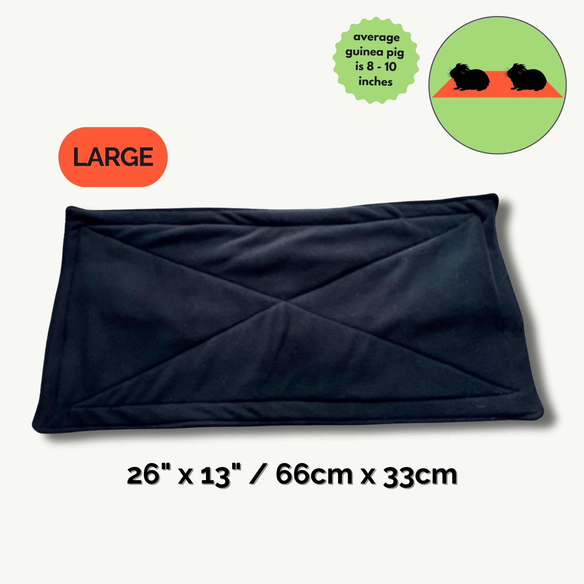 Enchantingly oversized black pee pads (26 x 13 inches / 66 x 33 cm) add gothic-glam flair beneath your small pet’s paws. A dramatic LARGE label and playful illustration compare the pads shadowy span with a trio of darling guinea pigs, highlighting their dainty average length of 8–10 inches. Perfect for stress-free cleanups with a touch of whimsical darkness for your beloved familiars!.