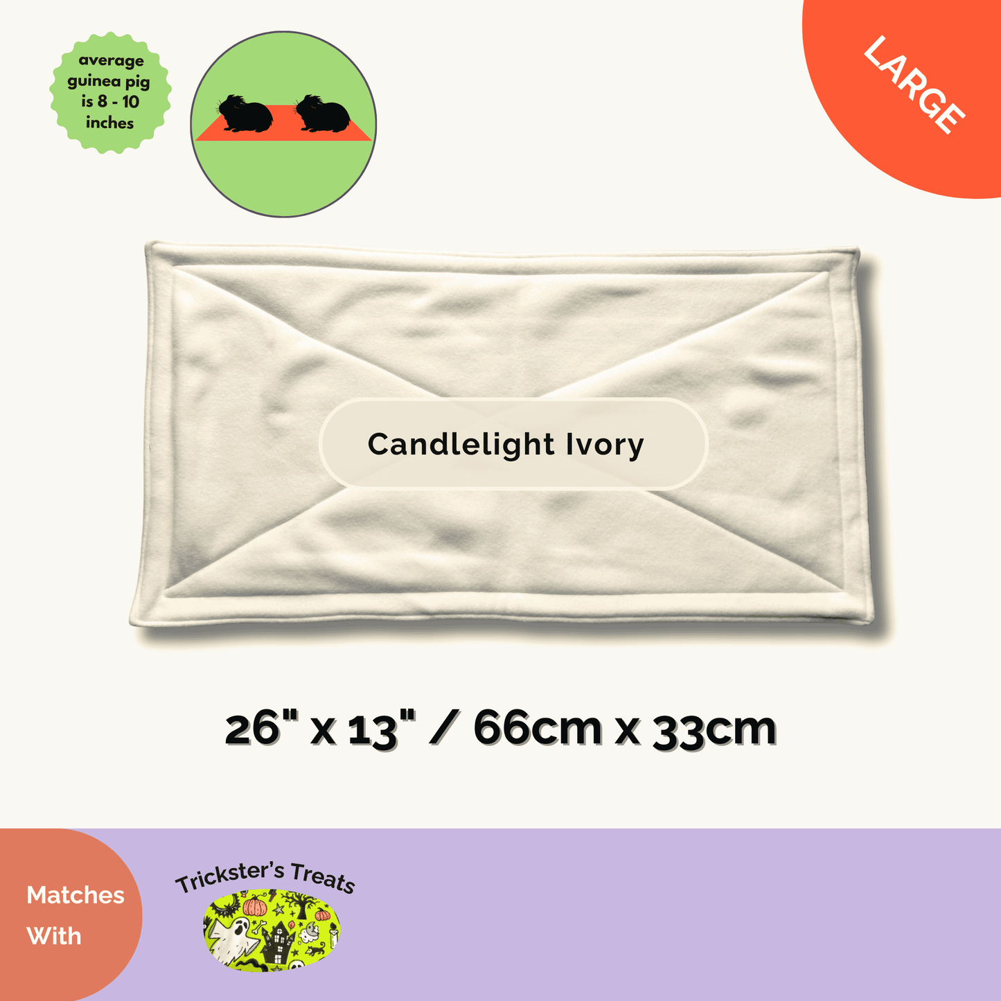 Candlelight Ivory fleece pee pad (26x13 in), creamy and plush, with a guinea pig model—haunt your habitat in gothic-cute style.