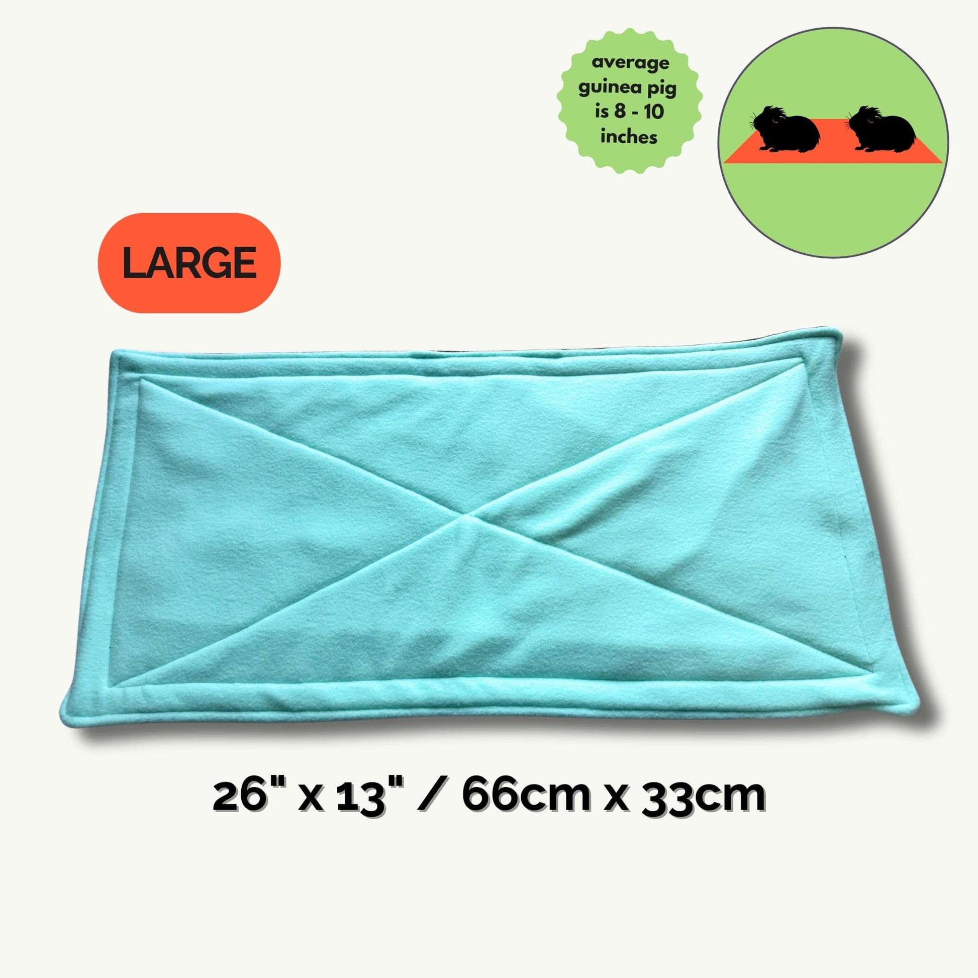 Summon snuggly comfort with our LARGE Pee Pad—a bewitching teal mat (26 x 13 in / 66 x 33 cm), perfect for your little familiars. A gothic LARGE label stands out, and a shadowy guinea pig silhouette lounges beside the pad for size magic (most guinea pigs measure just 8–10 in!). Cast away mess and welcome easy, enchanting cleanup to your small pet’s haunted hideaway.
