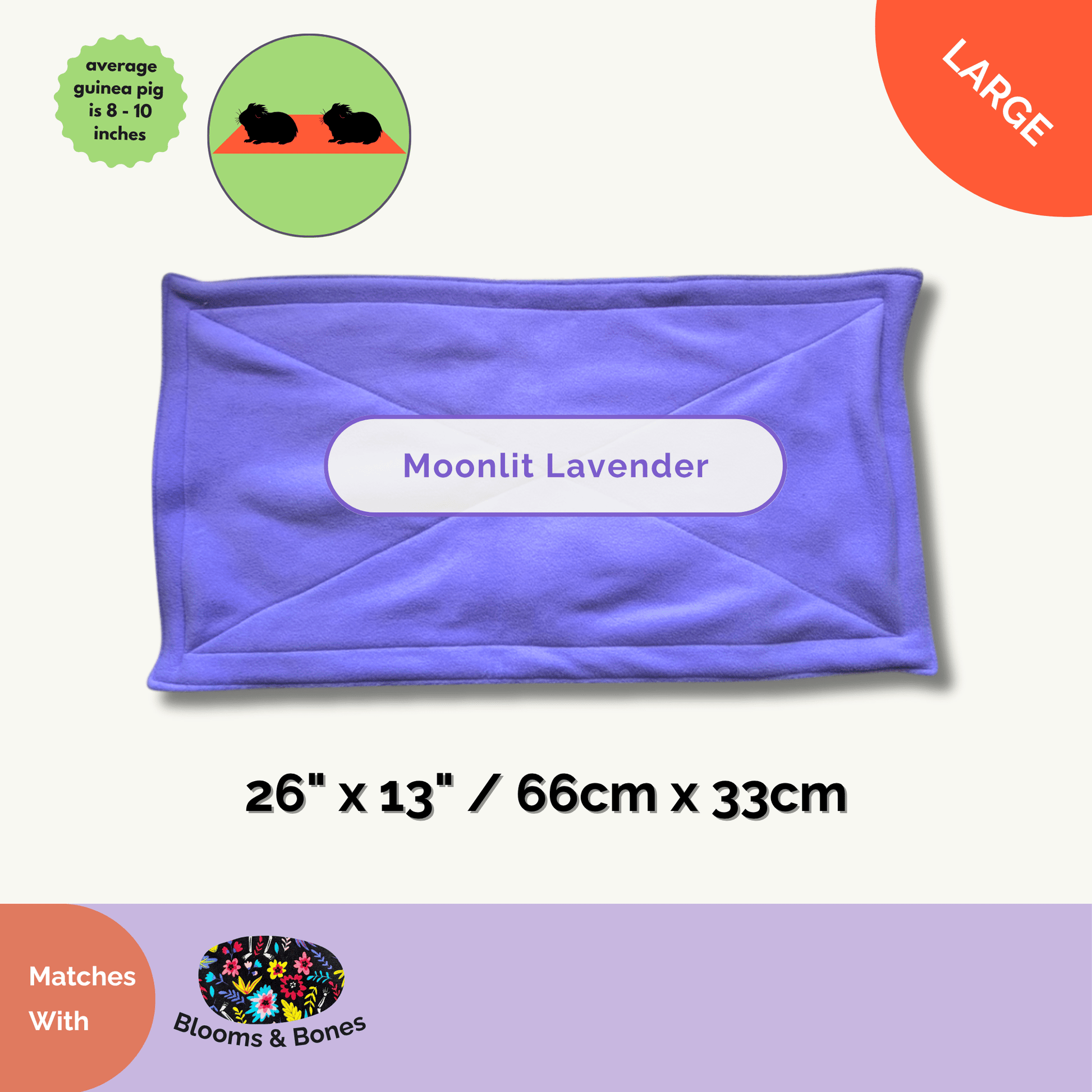 The Curious Catrina Matching Pee Pad in haunting Moonlit Lavender (26 x 13 in / 66 x 33 cm) is a plush, goth-glam fleece mat sized for guinea pigs 8–10 inches long. Swirled with dreamy lilac and pale violet hues, this spooky-cute pad coordinates perfectly with our Blooms & Bones collection. Soft and absorbent, it turns daily cage tidying into a magical midnight ritual—charming style for your tiny familiar’s cozy crypt!.