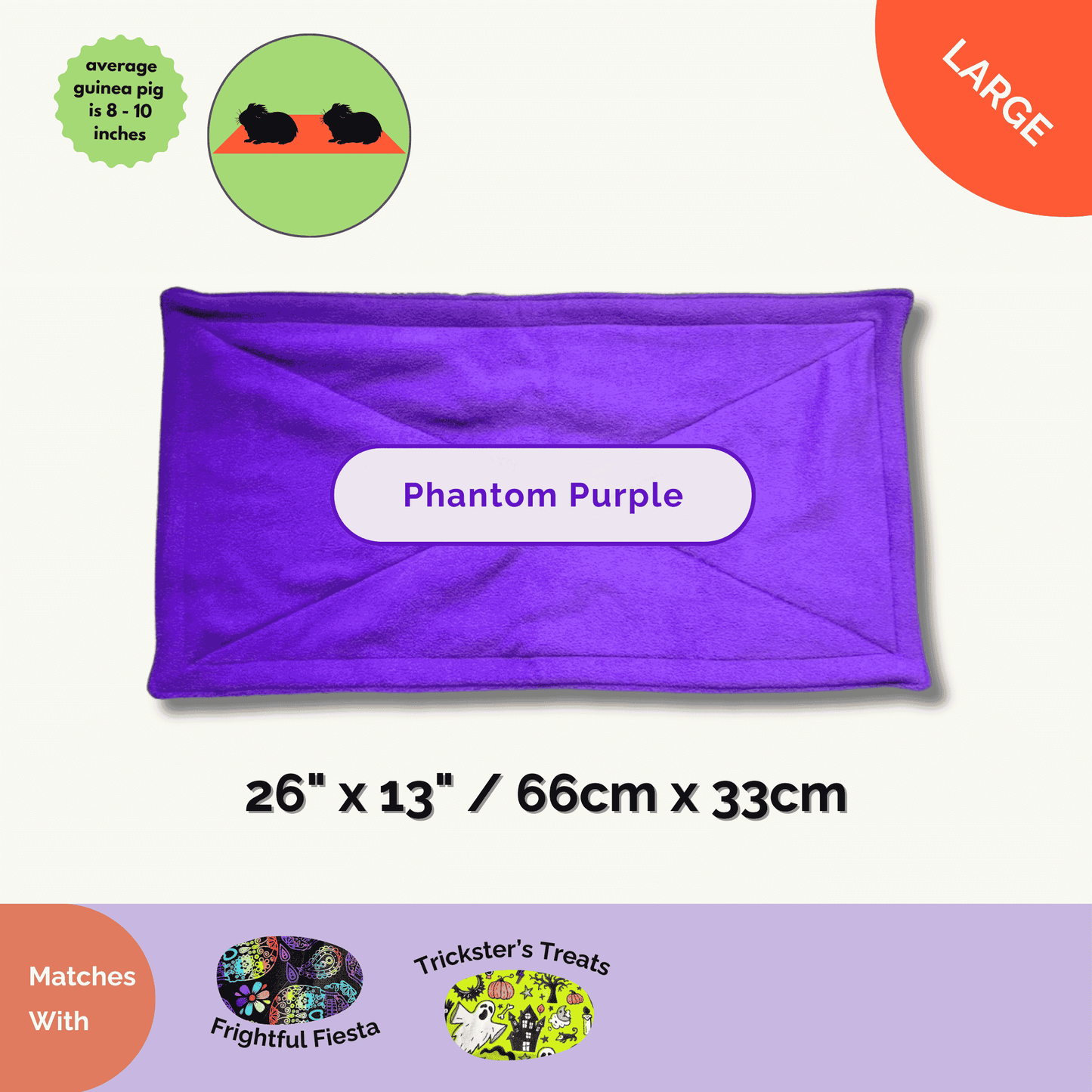 Enchant your piggy’s lair with plush purple fleece pads flaunting gothic Halloween motifs and a bold orange LARGE tag for eerie ease.