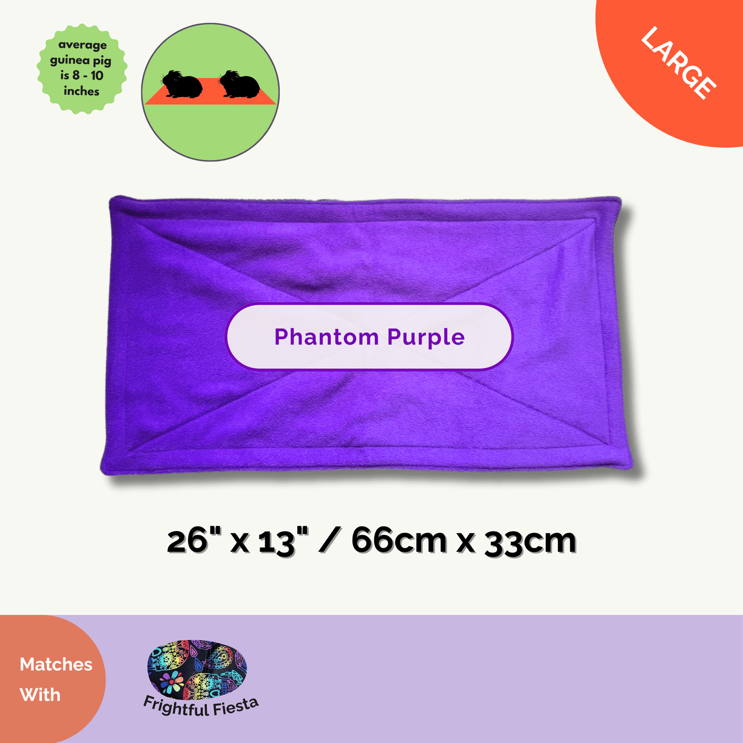 The Frightful Fiesta Matching Pee Pad—a glamorous 26 x 13-inch pet mat—enchants with deep purple fleece and whimsical gothic patterns. Lined with hauntingly cozy Zorb® Silvadur™ for plush comfort worthy of your little familiars. Comes with spellbinding, color-coordinated care illustrations to make daily cleaning a breeze, so your guinea pig’s crypt stays charming and fresh.