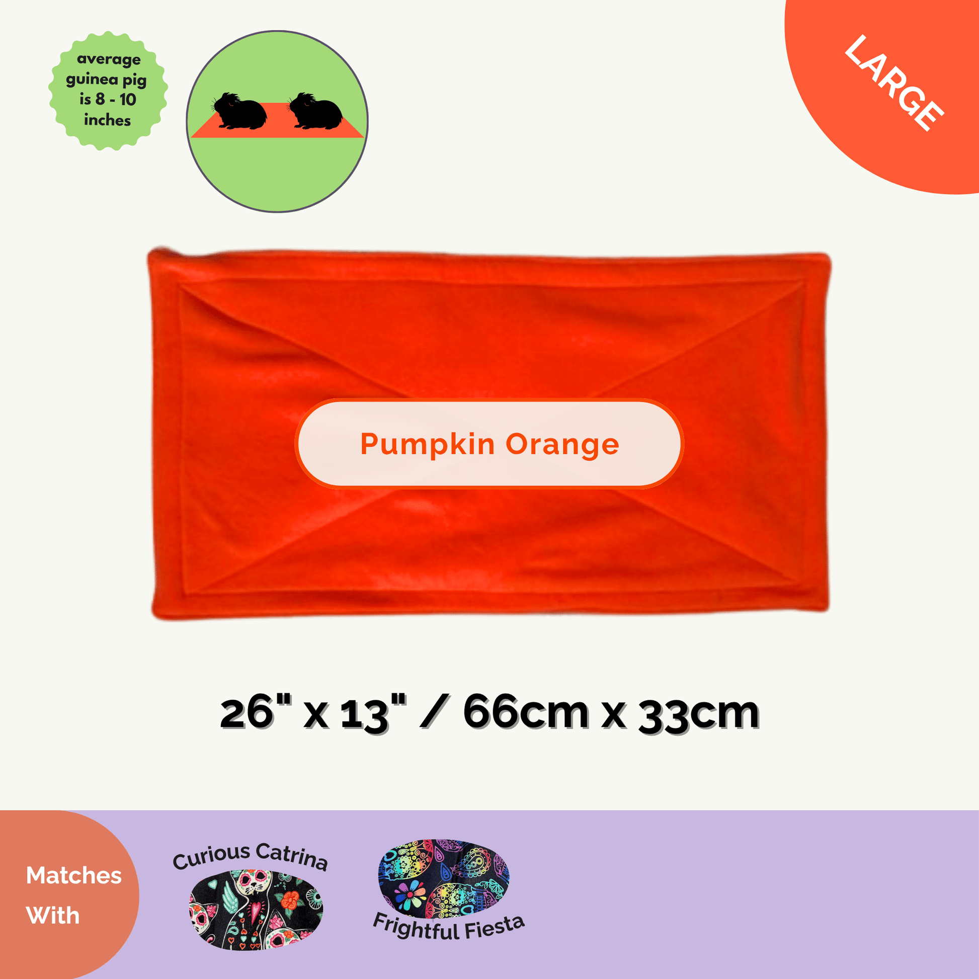 Bewitchingly adorable Frightful Fiesta pee pad for guinea pigs—a grand, rectangular fleece mat in luminous pumpkin orange (26 x 13 in / 66 x 33 cm) with a velvet-soft touch. Pad is stitched from Zorb® Silvadur™, conjuring up spellbinding absorbency and keeping odors at bay, perfect for gothic-glam little creatures. Shown paired with matching Frightful Fiesta bedding featuring playful pops of Halloween flair—think candy-corn dreams and moonlit midnight snuggles!.