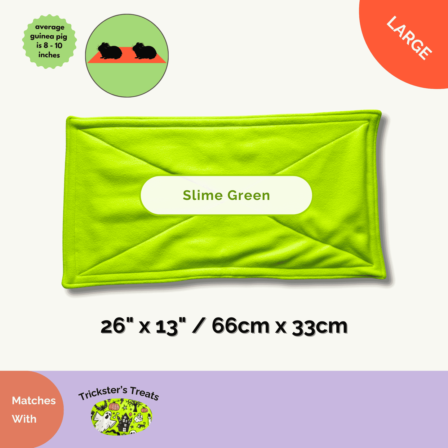 The Trickster's Treats Slime Green pee pad enchants with bright, ghostly green fleece and playful guinea pig shadows—spooky-cute cleanup!.