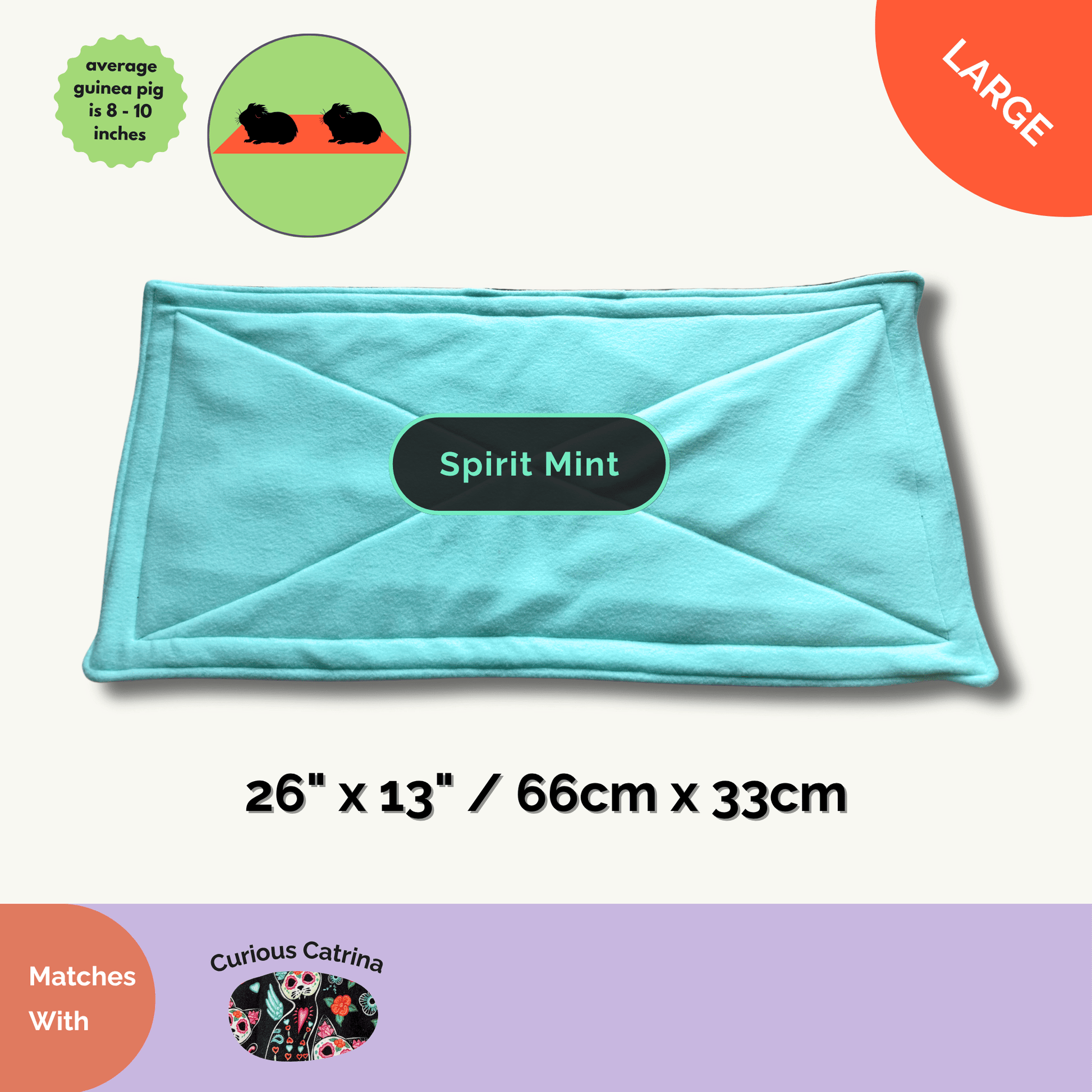 Enchant your piggy’s lair with the Curious Catrina Matching Pee Pad in a haunting shade of mint green—super absorbent and roomy at 26 x 13 inches (66 x 33 cm) for your average-sized little familiars (8–10 in). Whimsical gothic glamour meets cozy practicality, making daily cleanups delightfully effortless. Matches flawlessly with the Spirit Mint mat for a spellbinding small pet abode.