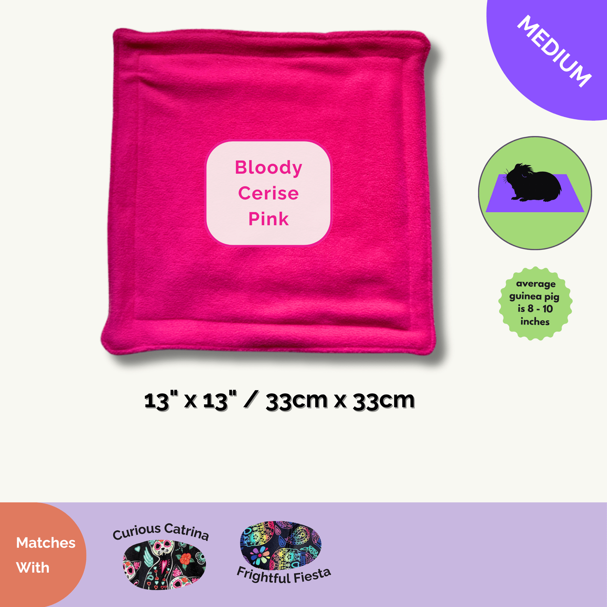 A hauntingly adorable, gothic-glam pee pad for small pets—this plush square of bright pink fleece (13x13in/33x33cm) is stitched to perfection, with absorbent layers ready to whisk away spooky spills and banish unpleasant odors. Designed to pair seamlessly with our Frightful Fiesta collection, this cozy pad brings a pop of macabre magic and effortless cleanup to every guinea pig’s enchanted lair.