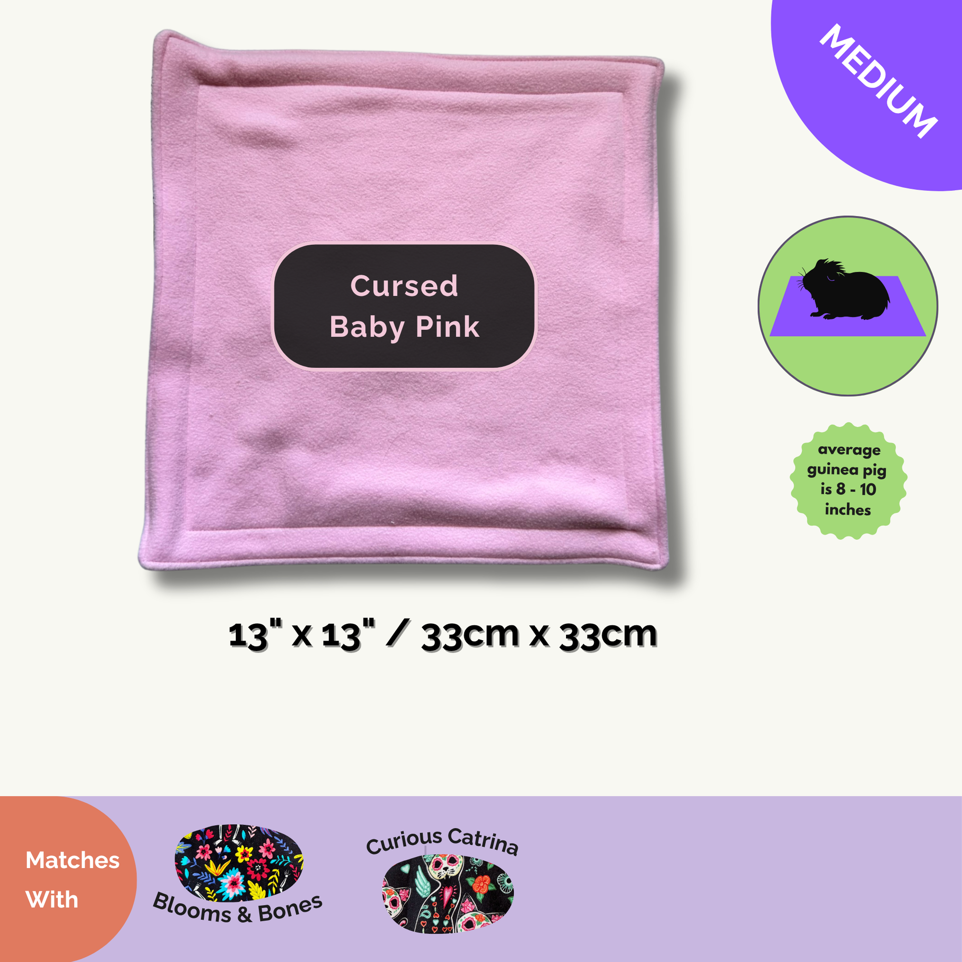 A hauntingly adorable pair of Blooms & Bones Matching Pee Pads in a bewitching shade of cursed baby pink, each measuring 13 by 13 inches. Soft, absorbent fleece wards off odors while midnight-black gothic florals and spooky bone motifs dance across the pads—perfect for medium-sized guinea pigs craving both glamour and comfort. Transform clean-up into a magical ritual with these whimsical, gothic-glam accessories for your little familiars!.