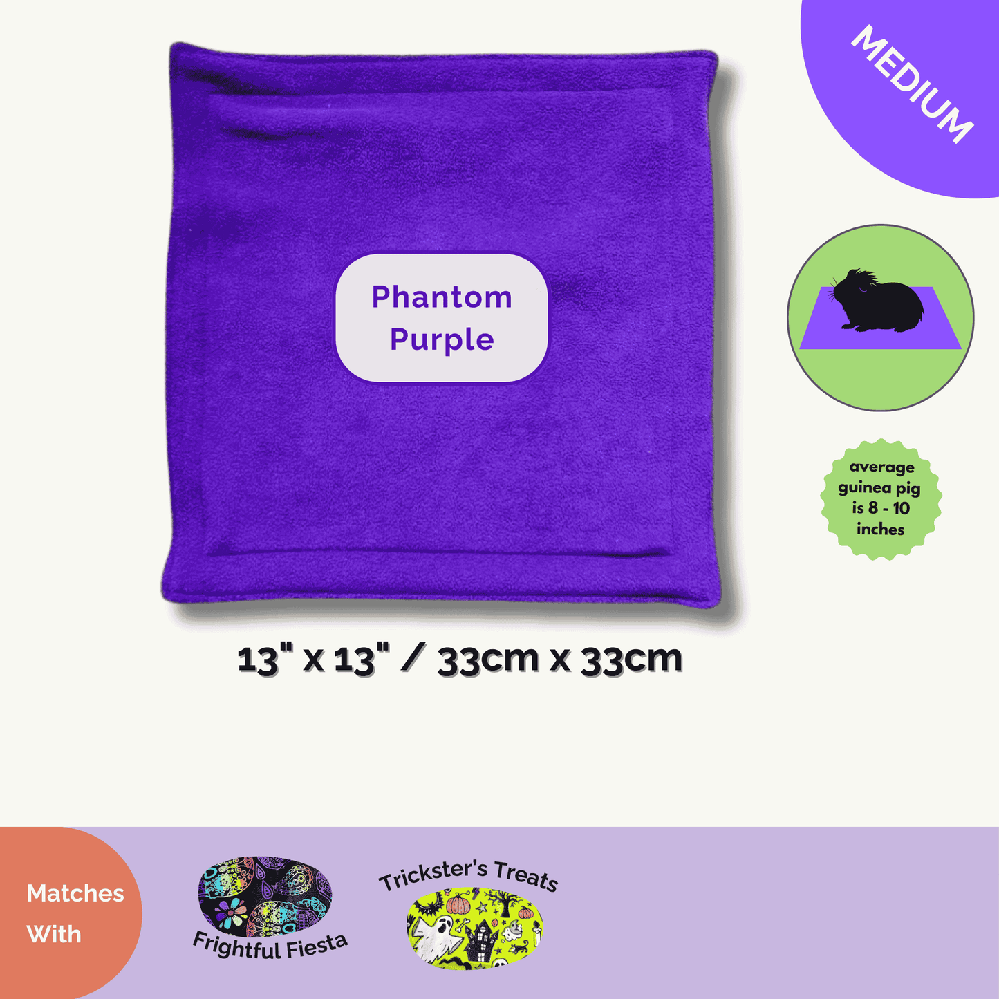 A bewitching square fleece pee pad in Phantom Purple—perfect for Halloween-loving piggies—glows with icons and a gothic guinea pig.