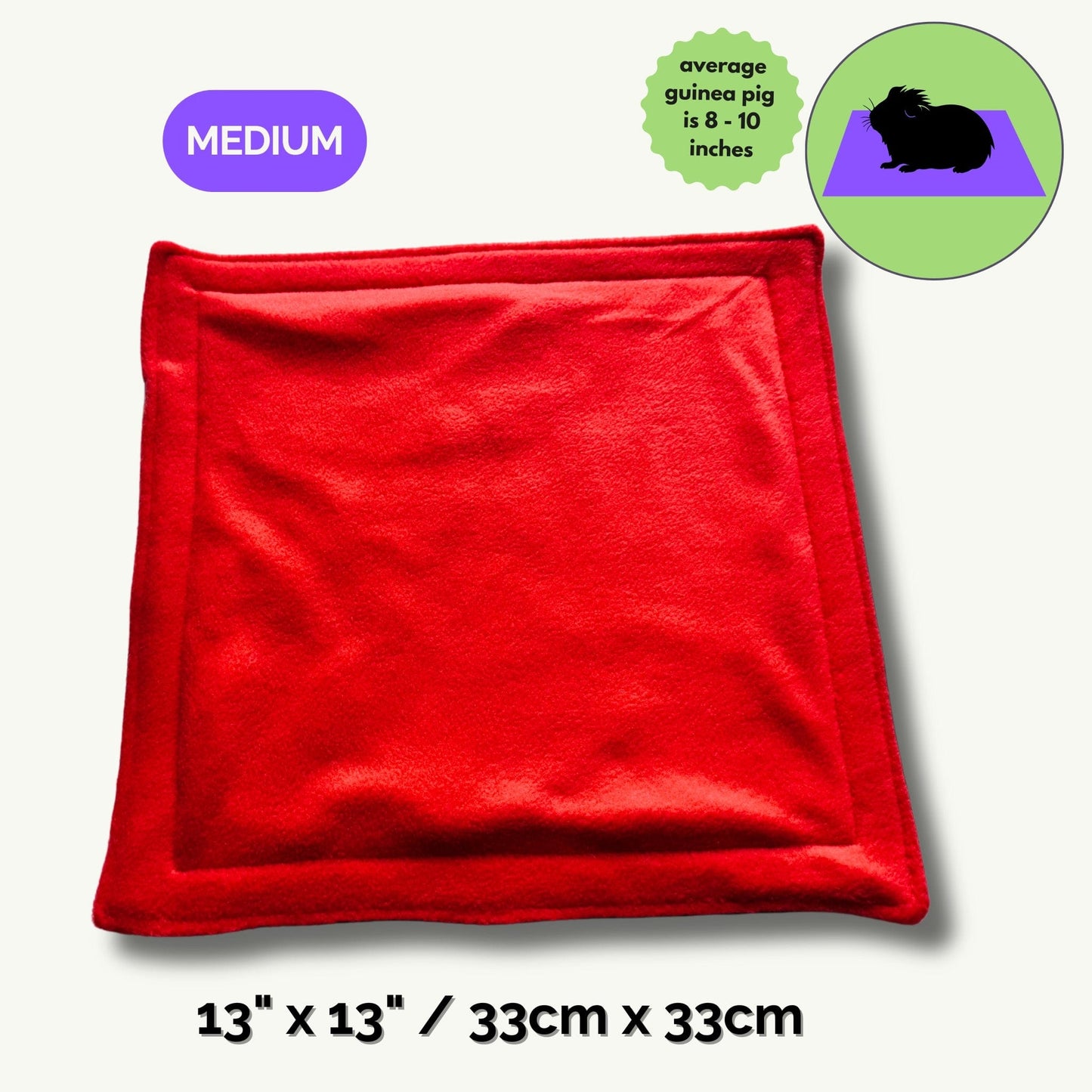 A bewitching red fleece pee pad—square and sumptuously plush, measuring a mystical 13 x 13 inches (33 x 33 cm)—radiates gothic-glam vibes worthy of your small pet’s enchanted lair. Perfectly sized for the average guinea pig familiar, cozying up in style at 8 to 10 inches long. “Take the stress out of daily cleaning” floats in delicate script, promising both ease and elegance for you and your furry companion.