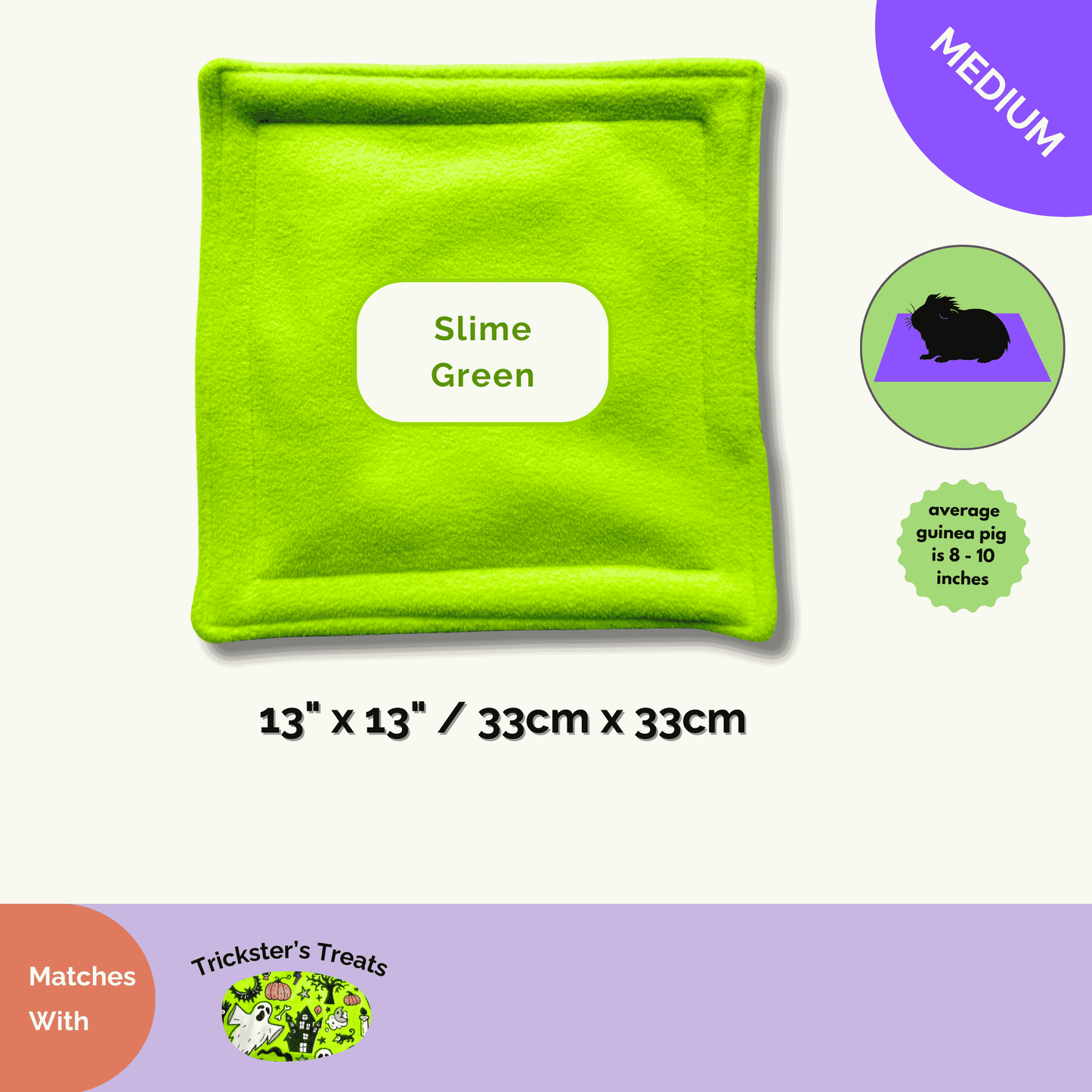 A bewitching, slime-green fleece pee pad with playful guinea pig icons; square, odor-proof, and perfect for spooky-cute cleanups.