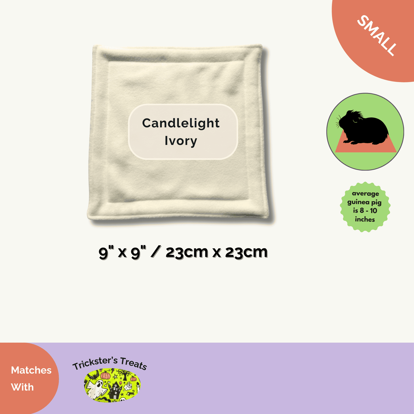 Enchanted 9x9" ivory fleece pee pad, bedecked with pastel gothic icons—a spooky-cute Halloween haven for tiny trickster pets.