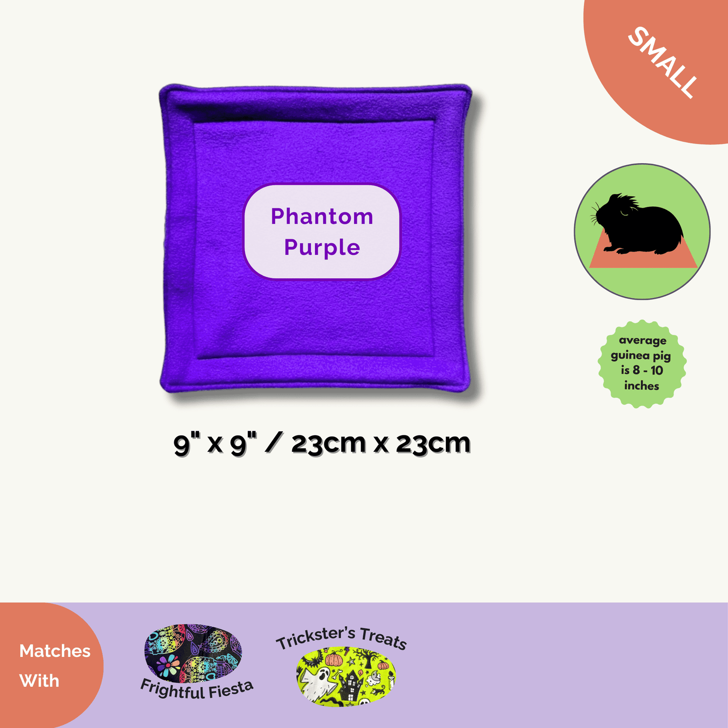 Enchant your guinea pig with this plush, 9"x9" purple fleece pee pad—spooky-cute style for haunt-ready Halloween enclosures!.