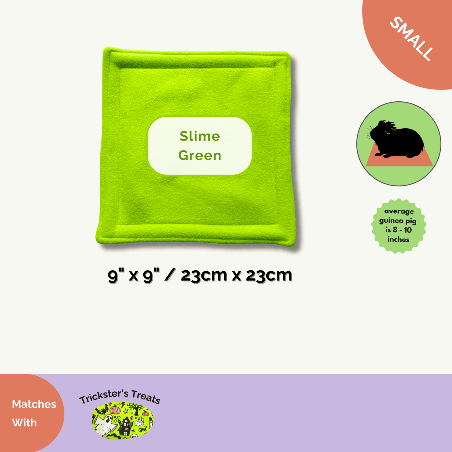 Slime green fleece pee pad, 9x9", haunts habitats with spooky-cute flair—perfect for guinea pigs and Halloween decor.