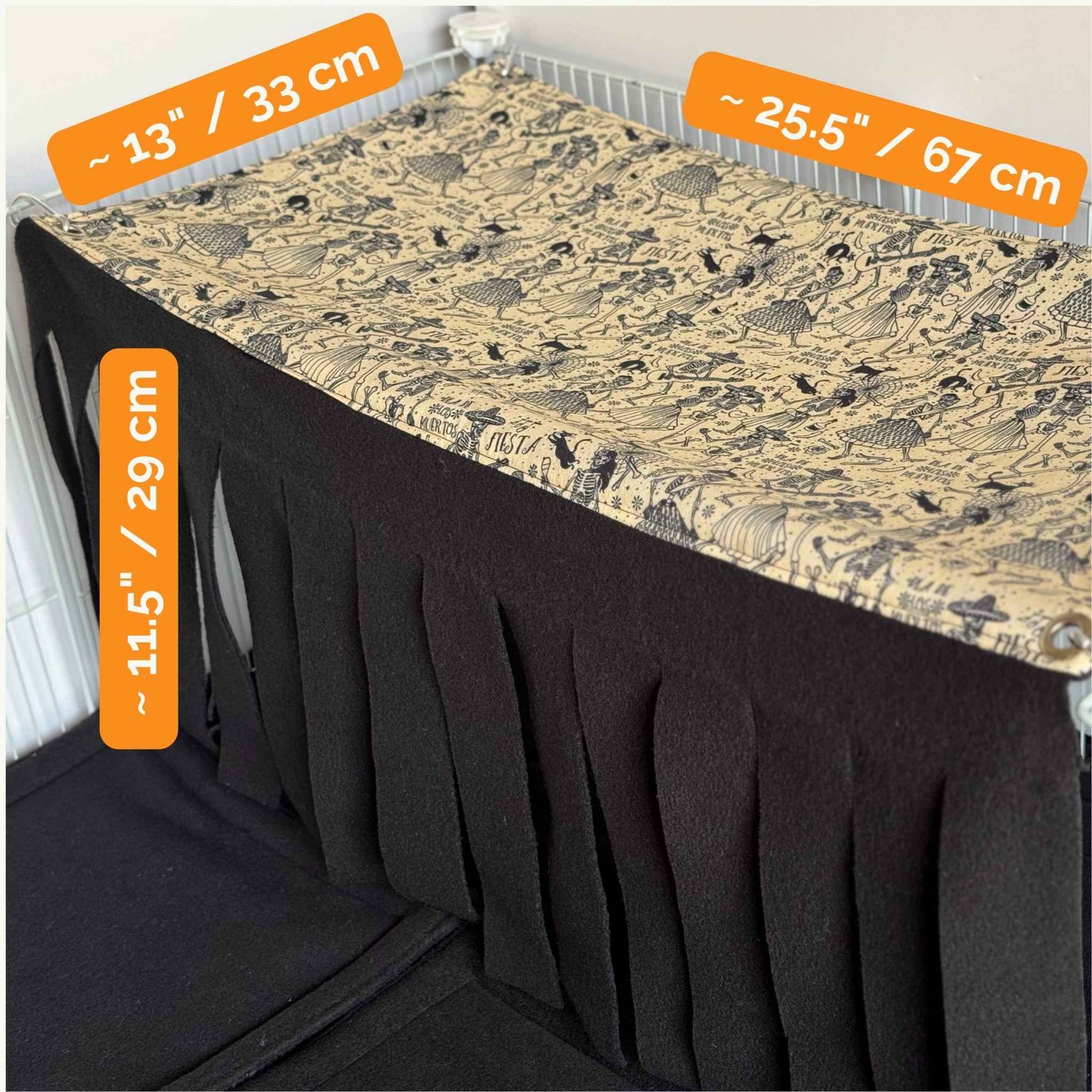Spooky-chic Tombstone Tango Fleece Forest, with gothic print top, black fringed sides, and a cozy curtain—perfectly sized for piggy haunts.