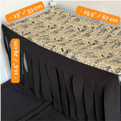 Spooky-chic Tombstone Tango Fleece Forest, with gothic print top, black fringed sides, and a cozy curtain—perfectly sized for piggy haunts.
