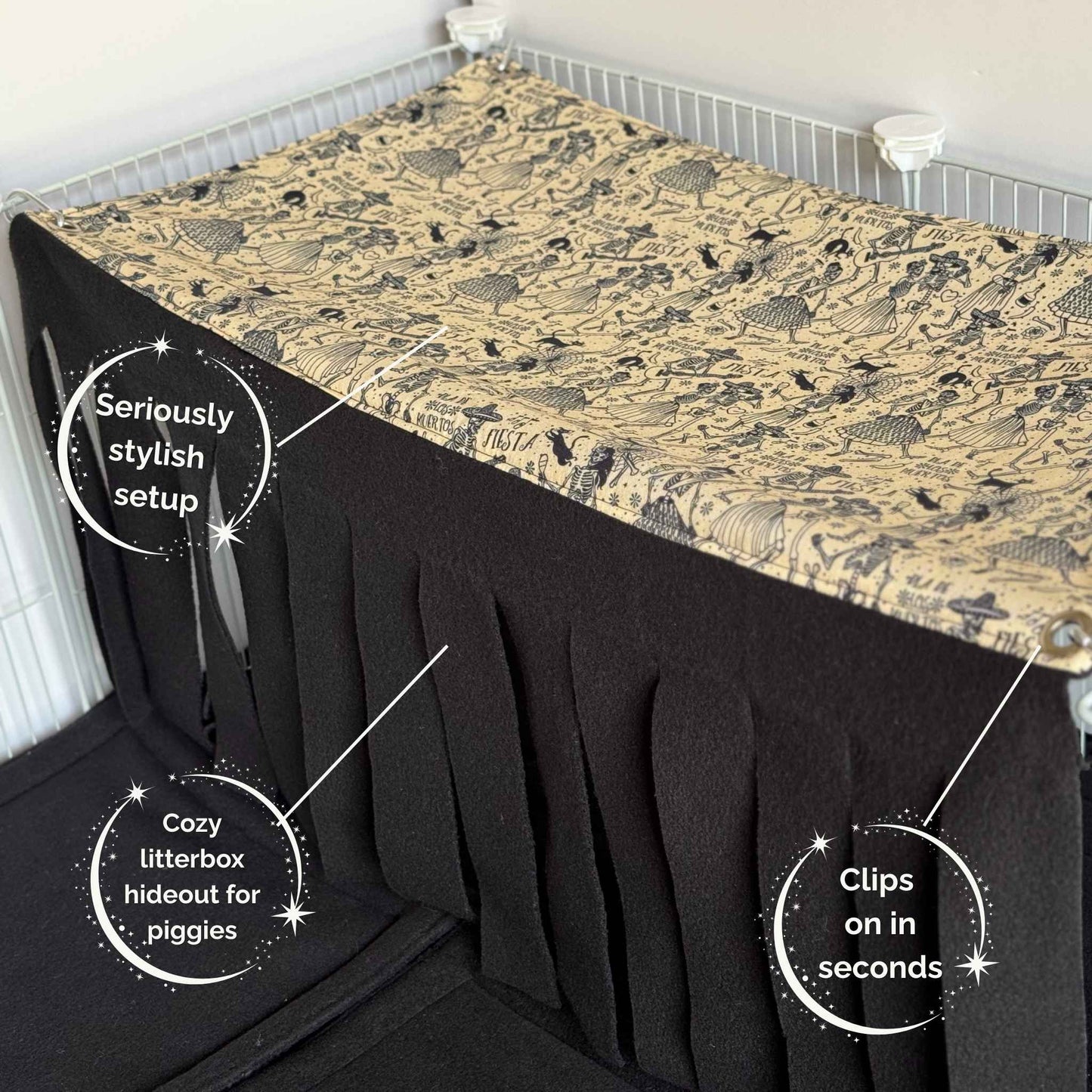 Tombstone Tango 2x1 Fleece Forest: velvet-soft curtains, plush bedding, gothic charm—your piggies’ haunted hideaway awaits!.