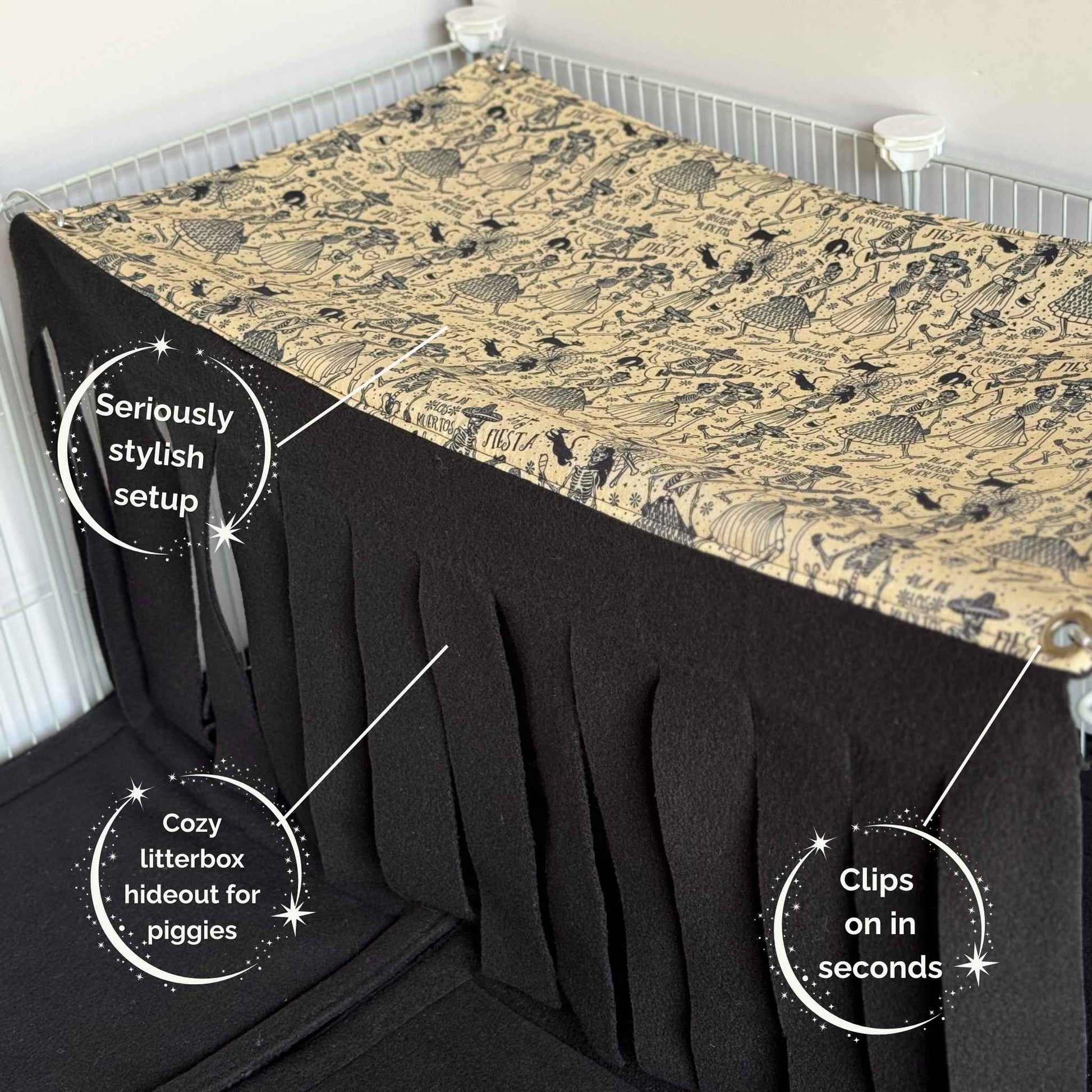 Tombstone Tango 2x1 Fleece Forest: velvet-soft curtains, plush bedding, gothic charm—your piggies’ haunted hideaway awaits!.