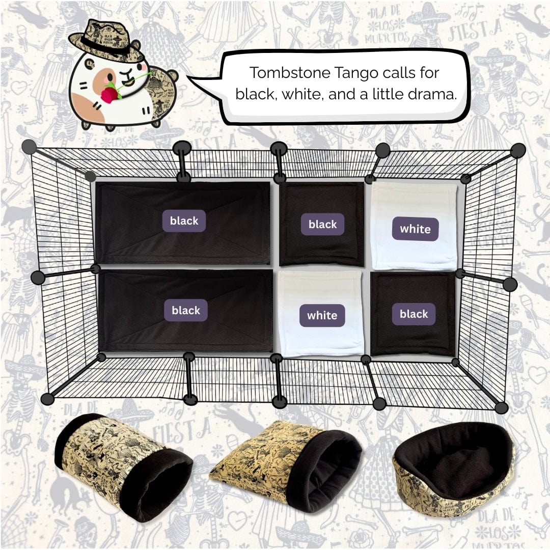Spooky-cute alt text: A bewitching set of six washable fleece liners and pee pads, each adorned in bold black and white gothic prints—think stripes, polka dots, and dreamy damask flourishes. Cozy tunnels and a plush bed lurk underneath, perfect for small pets to scurry or snooze in haunted luxury. A cartoon cat in a dramatic cowboy hat purrs, “Tombstone Tango needs black, white, and drama,” summoning ghostly glamour for your guinea pig’s lair.