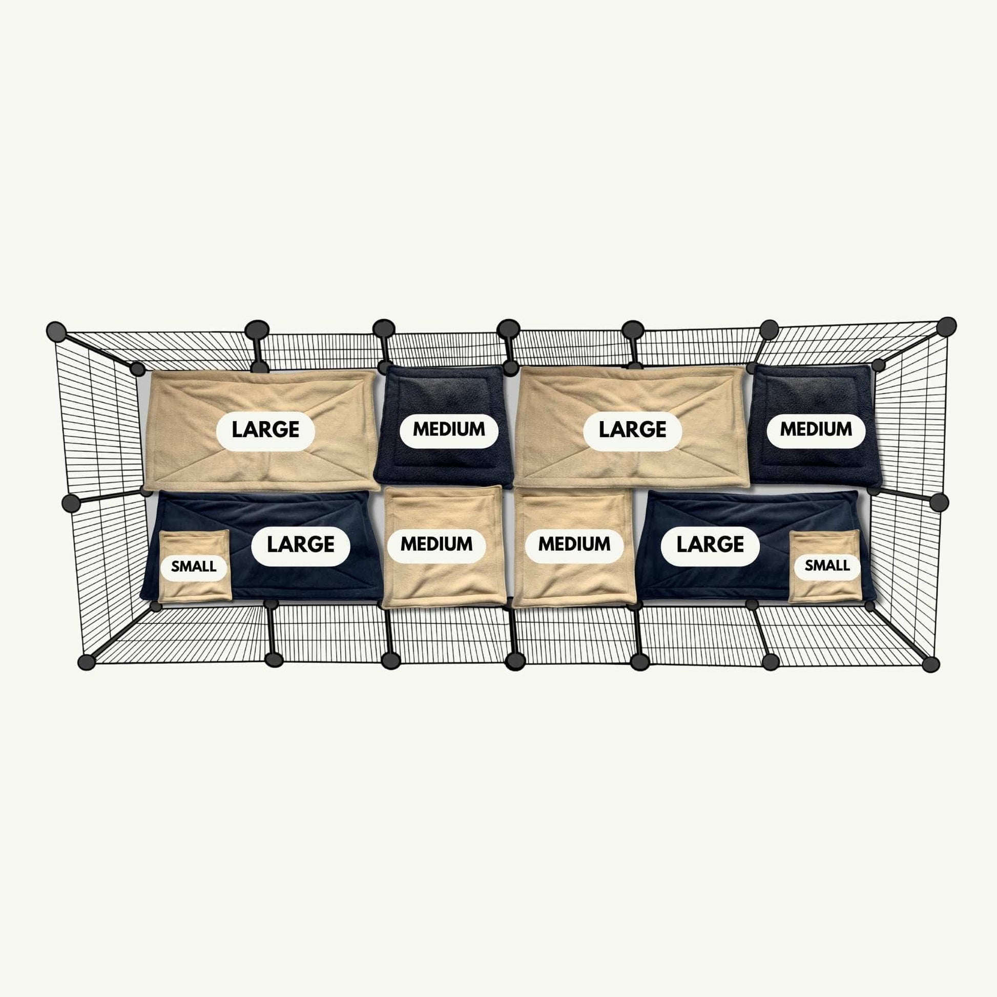 Bewitching black wire caddy with 12 beige and navy bins labeled LARGE, MEDIUM, SMALL—perfect lairs for Tombstone Tango Pee Pads!.