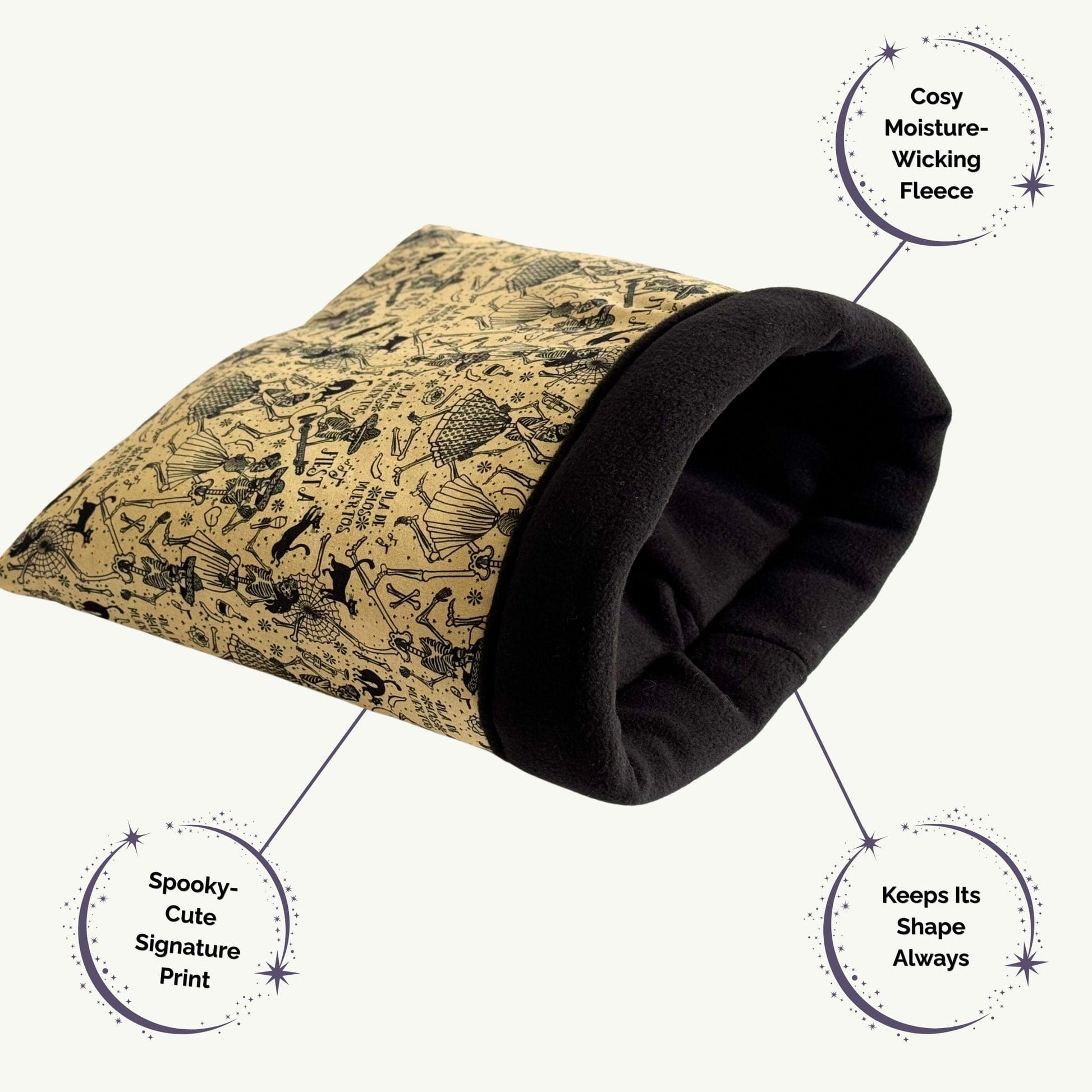 The Tombstone Tango Snuggle Sack—a bewitching blend of beige and inky black fleece—features an enchanting spooky-cute print of tombstones, bats, and haunted hearts. Lined with ultra-soft, moisture-wicking fleece for ultimate nocturnal coziness, this tunnel keeps its gothic-glam shape so your guinea pig can slip into snuggly shadows in style. Pictured on a pale background with whimsical branded labels that add a final flourish fit for tiny familiars.