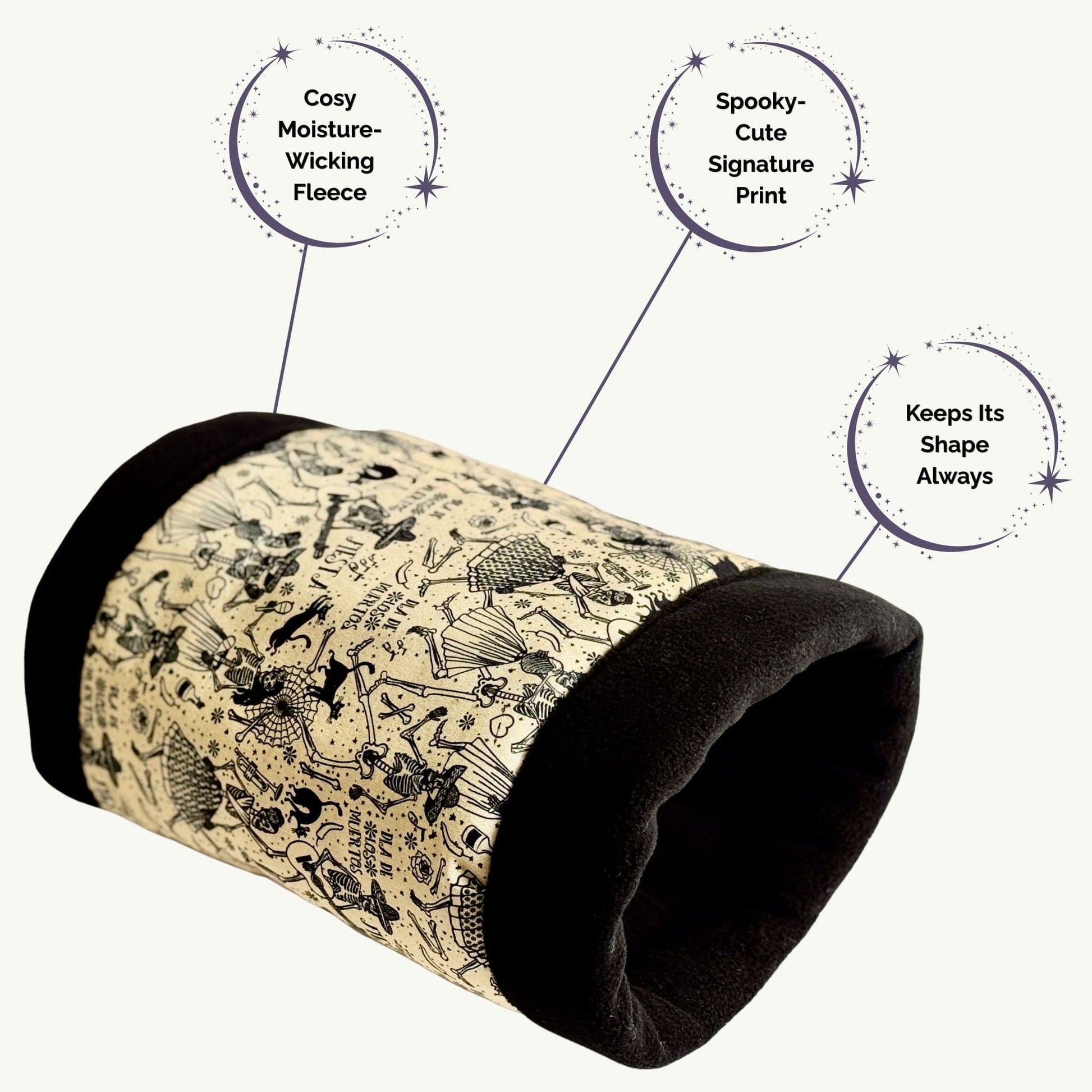 The Tombstone Tango Fleece Tunnel is a cylindrical wonder draped in black and beige blooms entwined with elegant skeletons, conjuring a gothic garden under moonlight. Crafted from moisture-wicking, buttery-soft fleece, this spooky-cute hideaway keeps its plush form for endless cozy séances. Perfectly sized for guinea pigs and other small familiars seeking glamour and comfort in their haunted manor.