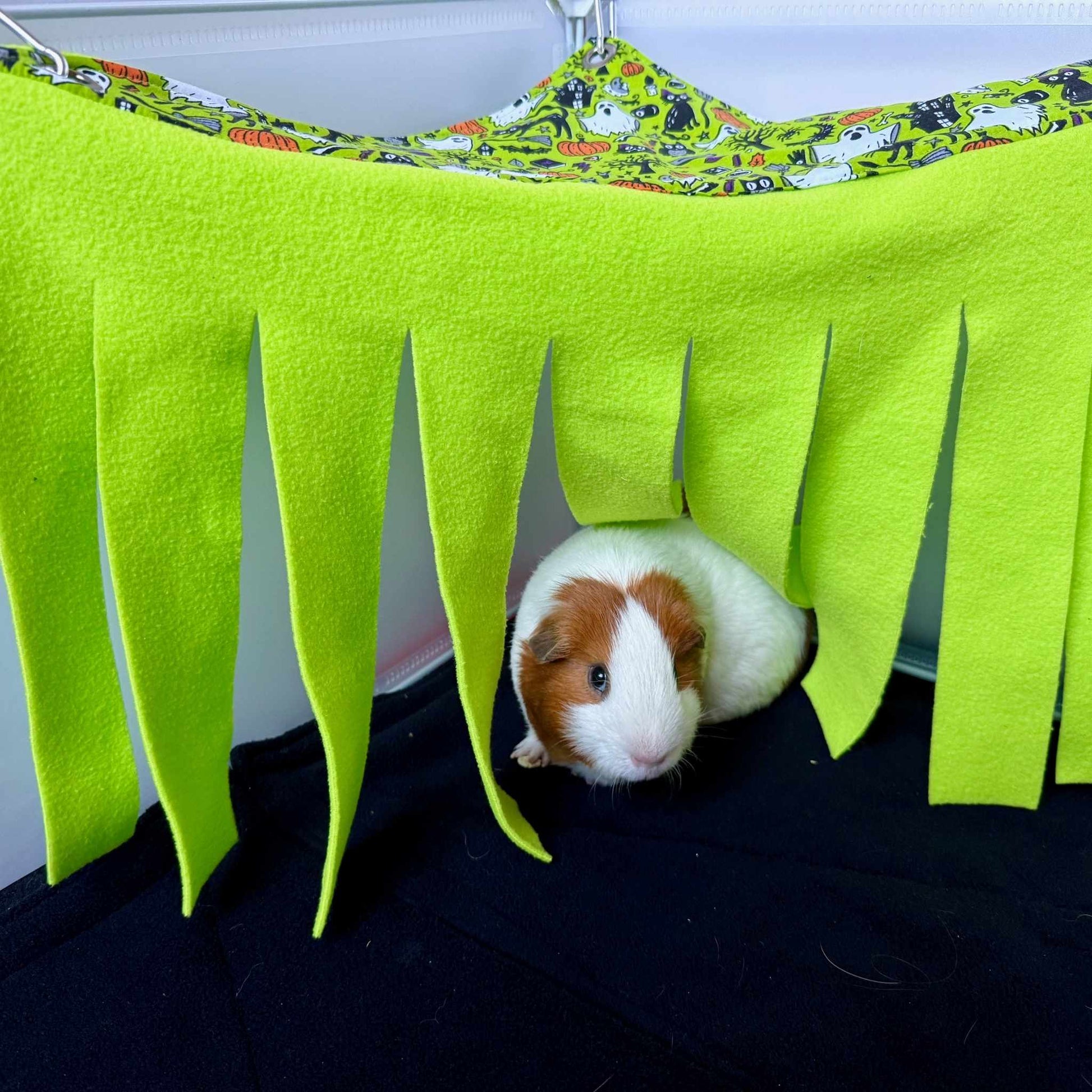 A whimsically cozy guinea pig with white and brown fur lounges beneath a bright green fleece forest—your pet’s gothic-glam retreat!.