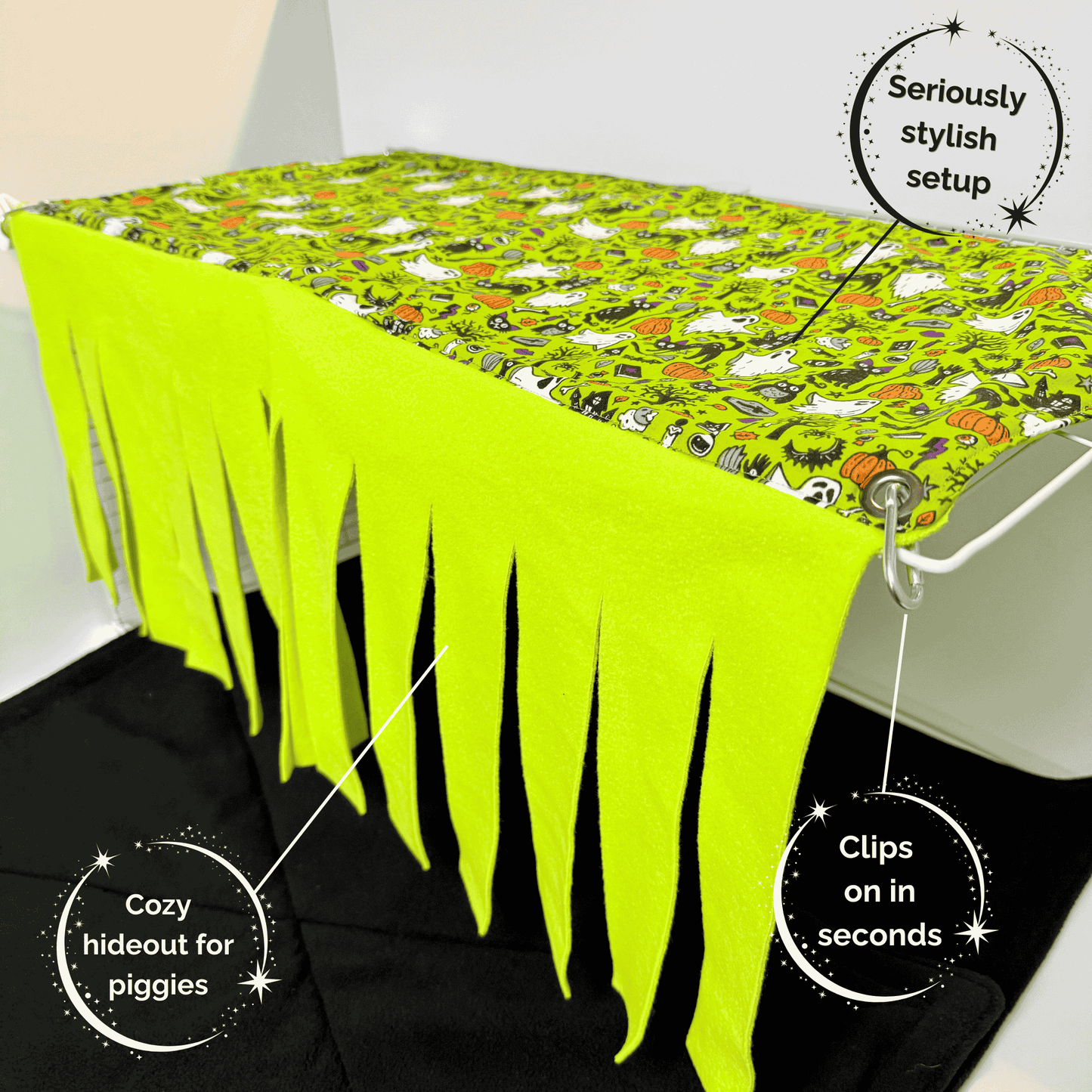 Enchant your guinea pigs with this plush, gothic-glam fleece curtain hideout—spooky-cute prints and cozy mystery await within!.