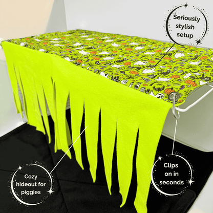 Enchant your guinea pigs with this plush, gothic-glam fleece curtain hideout—spooky-cute prints and cozy mystery await within!.