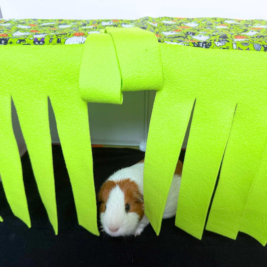 A white-and-brown guinea pig nestles under eerie lime-green fleece fronds, its gothic glam hideaway full of spooky-cute magic.
