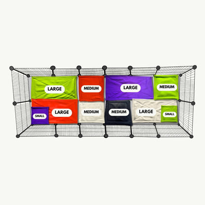 The Trickster’s Treats Pee Pads rest in a gothic wire grid with 11 color-coded, odor-proof bins—labeled for every mystical piggy need.