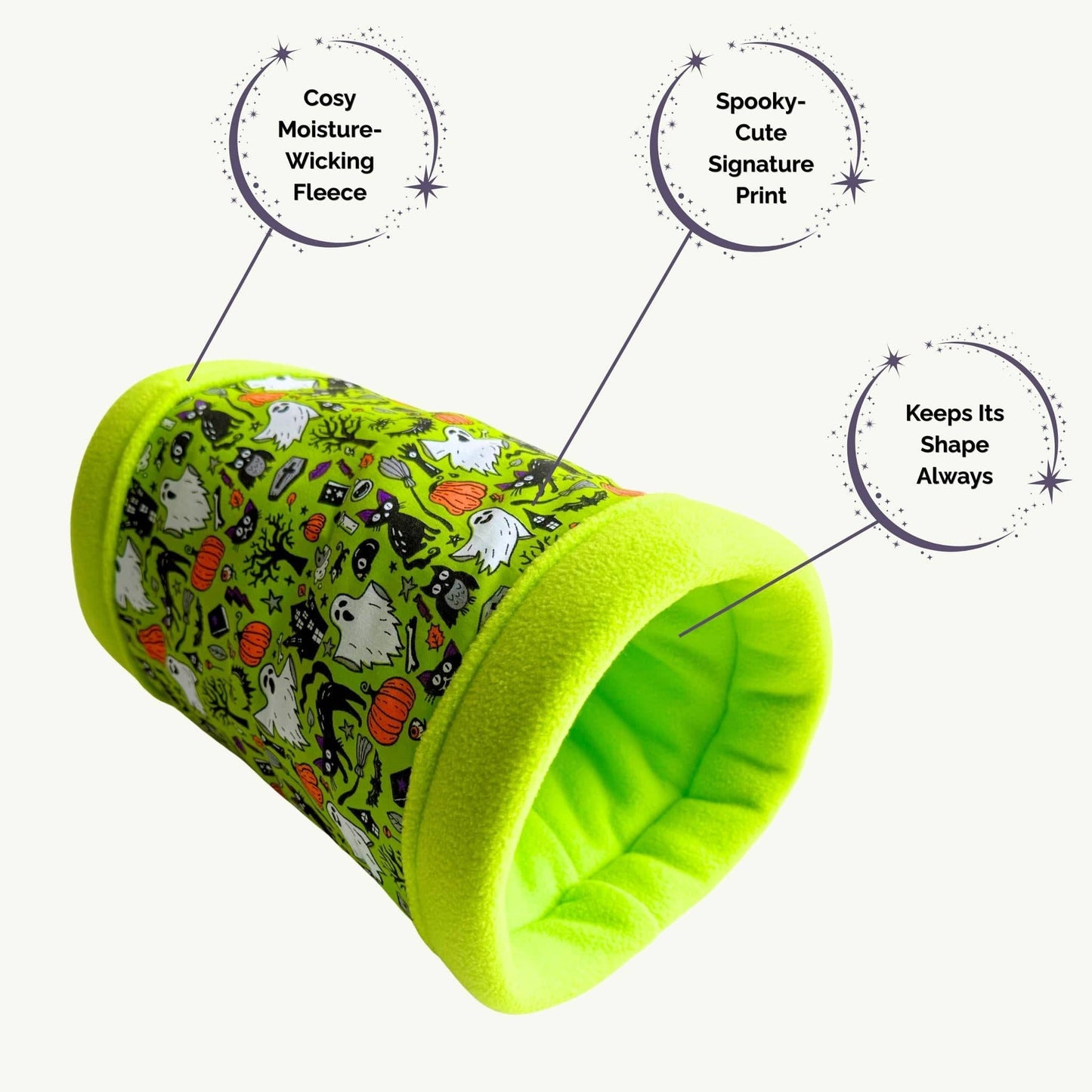 Ghastly-green fleece tunnel bedecked with ghostly specters and plump pumpkins, perfect for spooky snuggles and midnight burrowing.