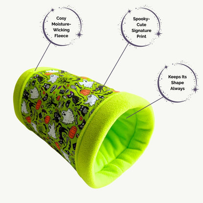 Ghastly-green fleece tunnel bedecked with ghostly specters and plump pumpkins, perfect for spooky snuggles and midnight burrowing.